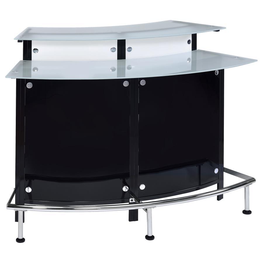 Keystone Curved Glass Top Home Bar Wine Cabinet in Black – Modern Chrome Accents, Dual-Tier Glass Shelves & Metal Footrest for Entertaining
