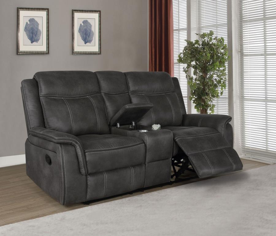 Lawrence - Upholstered Padded Arm Reclining Loveseat with Lift-Top Storage & Stainless Steel Cupholders - Charcoal Microfiber