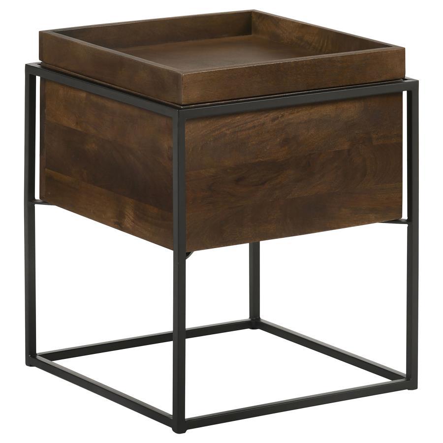 Ondrej Square Accent Side Table with Removable Tray – Dark Brown Mango Wood Top, Gunmetal Iron Frame, Storage Cube, Multi-Purpose Side Table for Compact Spaces