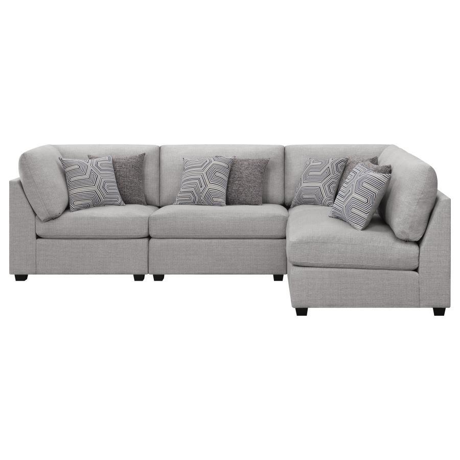 Cambria 4-Piece Modular Sectional Sofa – Gray Upholstered L-Shaped Couch with Armless Chair, Corner Seat, Tapered Block Feet, Accent Pillows