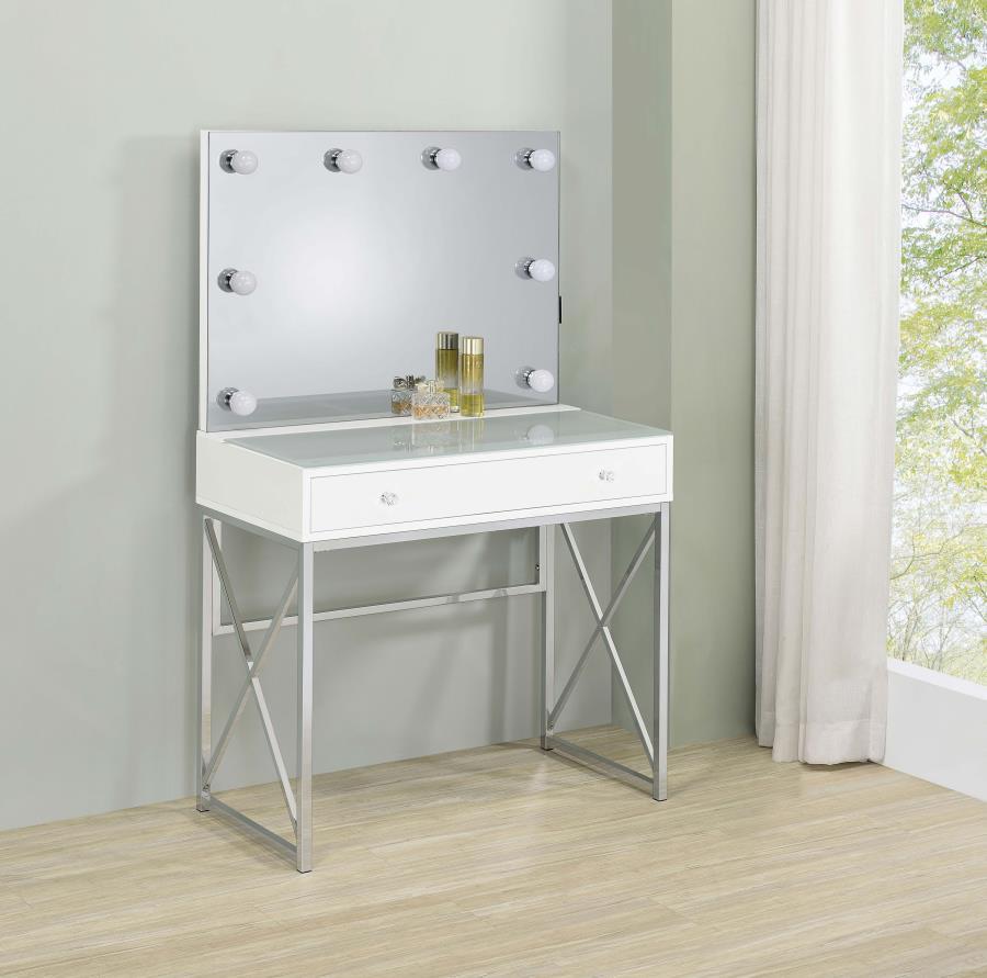 Eliza Vanity Set with Lighting & Stool in White and Chrome – Modern Makeup Table with Lighted Mirror, Large Drawer & Padded Stool for Bedroom