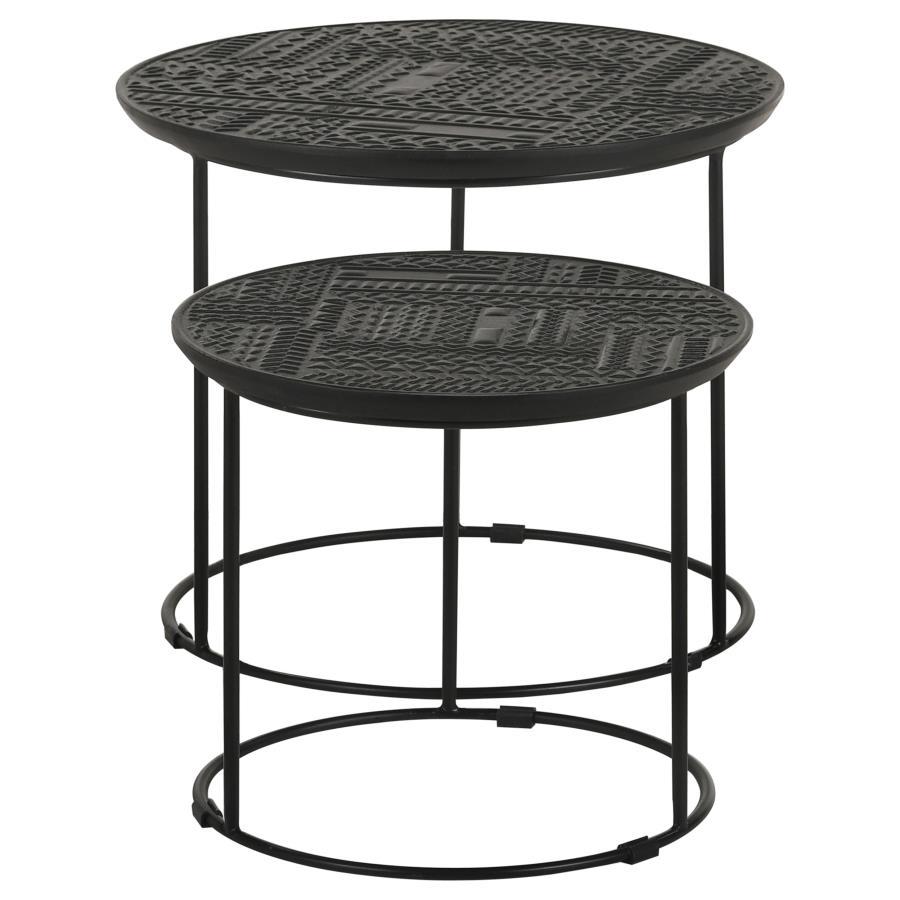 Loannis 2-Piece Round Mango Wood Nesting Tables – Matte Black Metal Base, Tribal Embossed Tabletops, Space-Saving Rustic Modern Accent Set