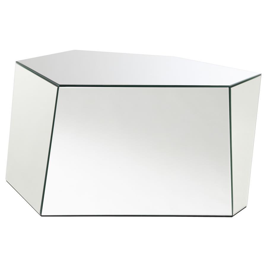 Capella Mirrored Abstract Geometric Coffee Table – Silver Hexagonal Accent Table with Contemporary Design for Modern Living Room Glam