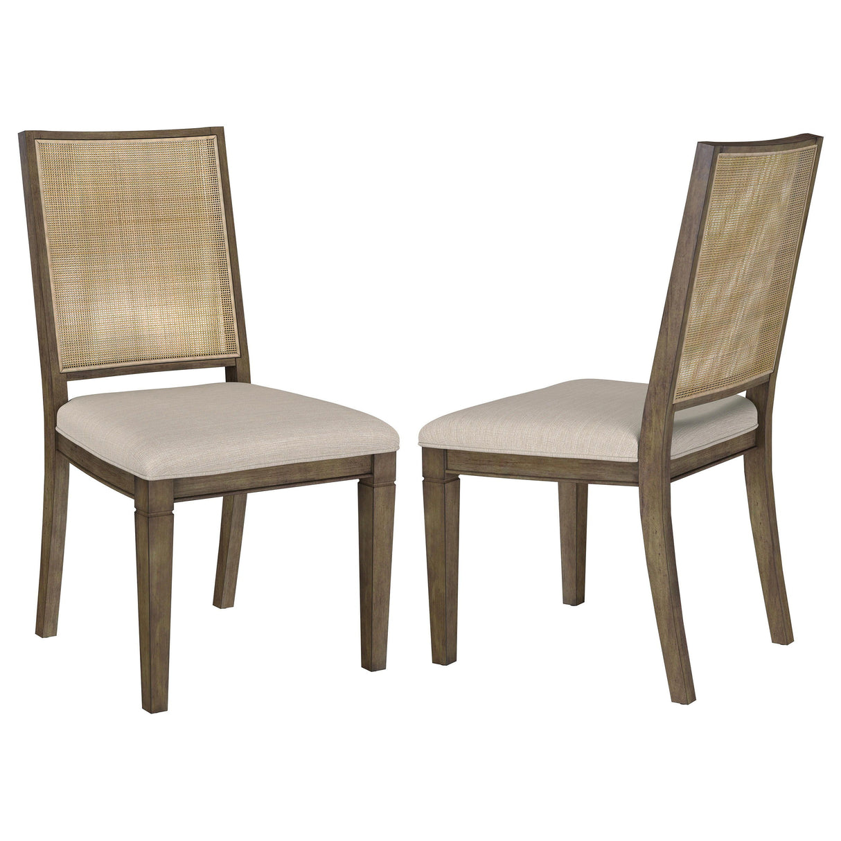 Matisse Woven Rattan Back Dining Side Chair – Dark Brown Wood Frame, Beige Upholstered Foam Seat, Armless, Tapered Legs, Modern Farmhouse Style