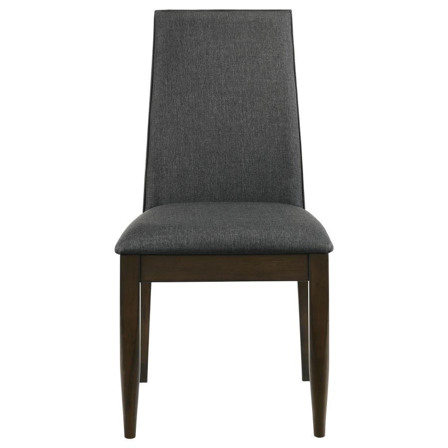 Wes Upholstered Dining Side Chairs – Dark Walnut Finish, Soft Grey Fabric, Sloped Backrest, Tapered Square Legs, Contemporary Set of 2