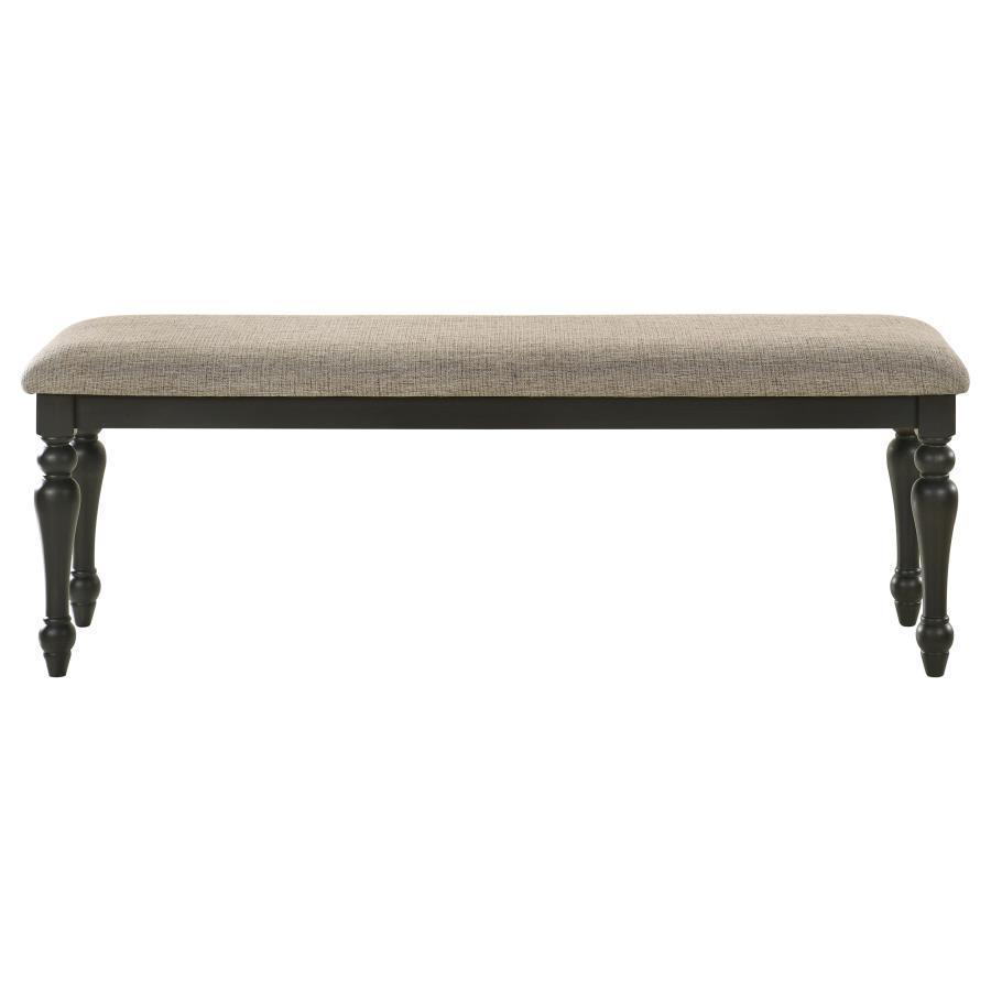 Bridget Fabric Upholstered Dining Bench – Stone and Charcoal Finish, Backless Seating, Turned Legs, Comfortable Foam Cushion, Traditional Elegance