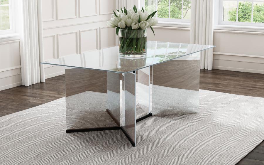 Emery - Rectangular Mirrored Dining Table - Silver With V-Shaped Pedestals For Glamorous Modern Dining Or Contemporary Interiors