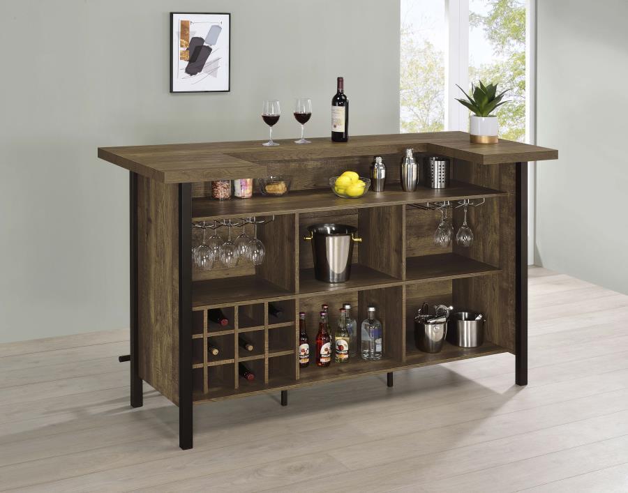 Bellemore Freestanding Home Bar Wine Cabinet in Rustic Oak – Farmhouse Style with 6 Stemware Racks, 12-Bottle Storage & Steel Footrest for Entertaining