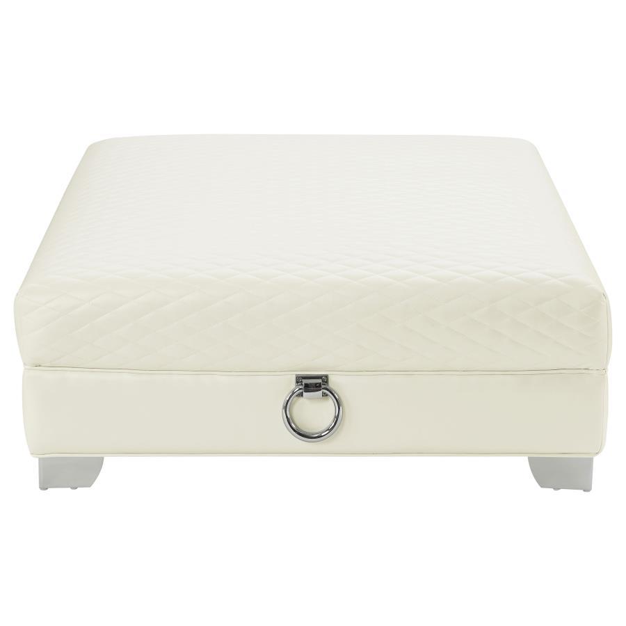 Chaviano Square Upholstered Ottoman in Pearl White – Quilted Leatherette, Chrome Legs & Handles, Low-Profile Accent Ottoman for Living Room