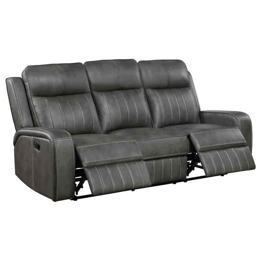 Raelynn Upholstered Track Arm Motion Sofa - Gray Leatherette, Reclining Wall-Hugger Design, Pocket Coil Seating, Foam Cushions, Transitional Living Room
