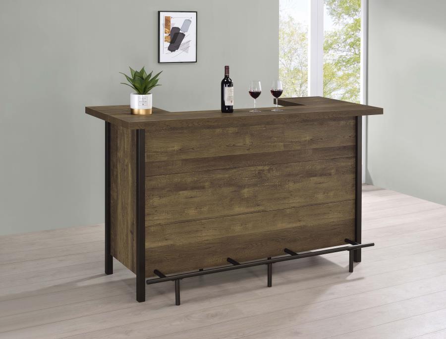 Bellemore Freestanding Home Bar Wine Cabinet in Rustic Oak – Farmhouse Style with 6 Stemware Racks, 12-Bottle Storage & Steel Footrest for Entertaining