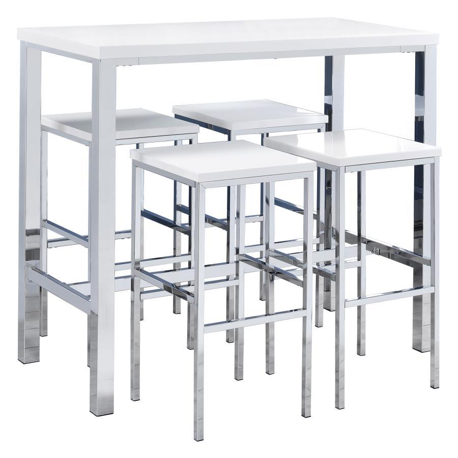 Natividad 5 Piece Pub Height Bar Table Set – White High Gloss Finish, Rectangular Table, 4 Matching Bar Stools, Chrome Frame, Modern Design