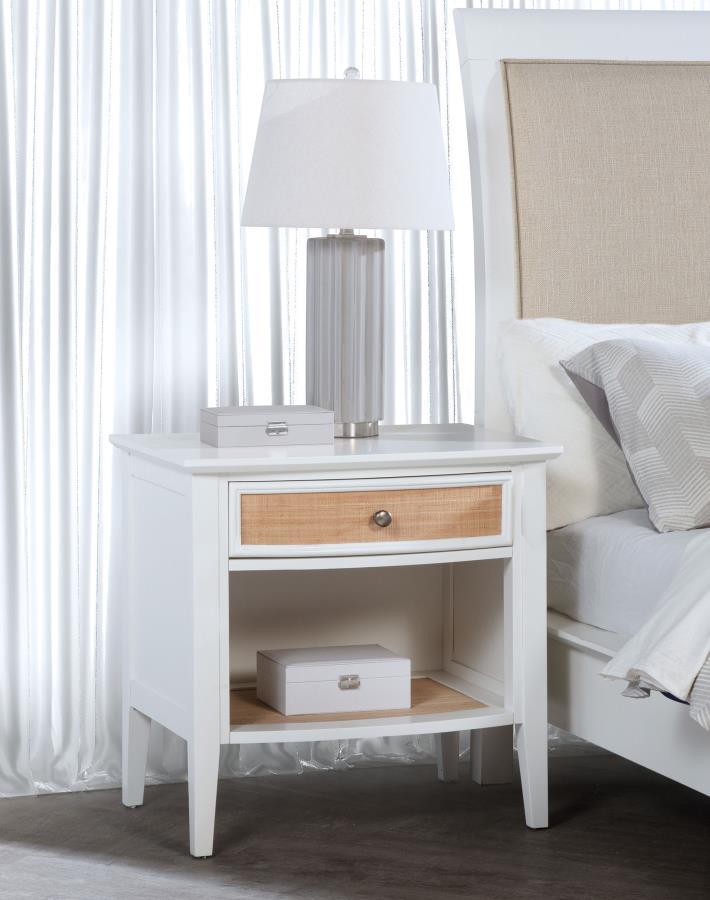 Bexhill 1-Drawer Nightstand Bedside Table – White Finish with Rattan Accents, Felt-Lined Drawer, Modern Coastal Bedroom Storage