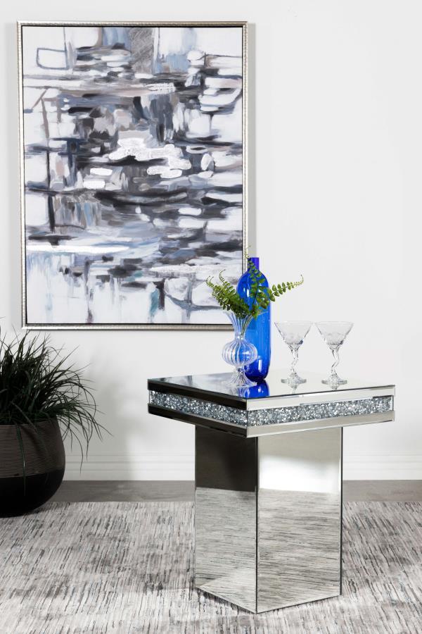 Elora Square Mirrored Accent Side Table – Silver Finish with Acrylic Crystal Detail, Modern Glam Pedestal Table for Living Room, Bedroom, or Entryway