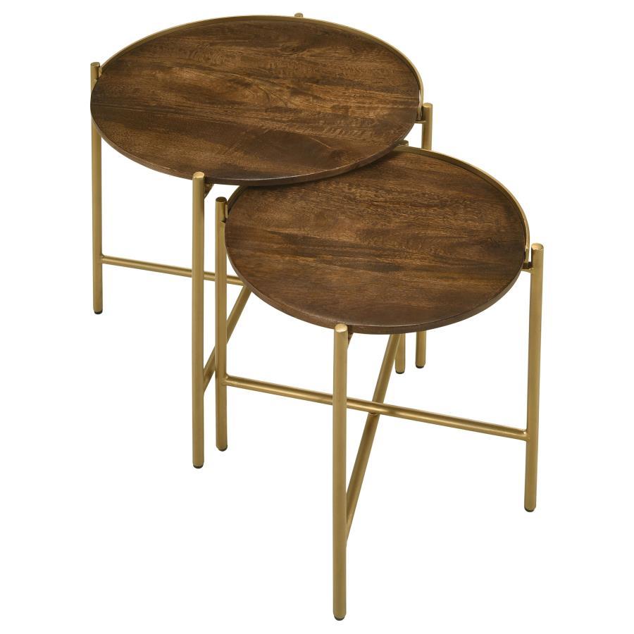 Malka 2 Piece Round Wood Nesting Tables – Dark Brown Mango Wood Tops with Gold Iron X-Frame Bases, Compact Modern Side Tables for Living Room or Lounge