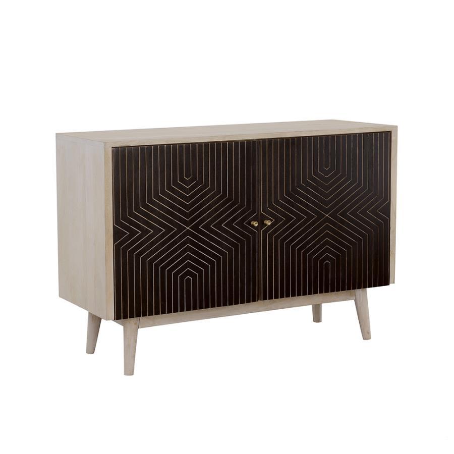 Ixora 2-Door Wood Accent Cabinet – White Washed Mango Wood with Black & Gold Geometric Inlay, Mid-Century Modern Storage for Living Room or Entryway