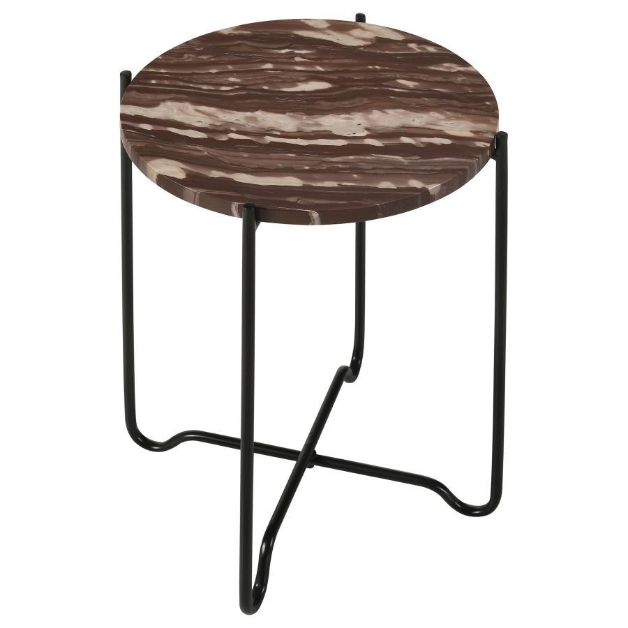 Latifa Round Marble Top Accent Side Table – Red Marble Top with Black Iron Criss-Cross Base, Industrial Modern Side Table for Living Room, Bedroom, or Compact Spaces