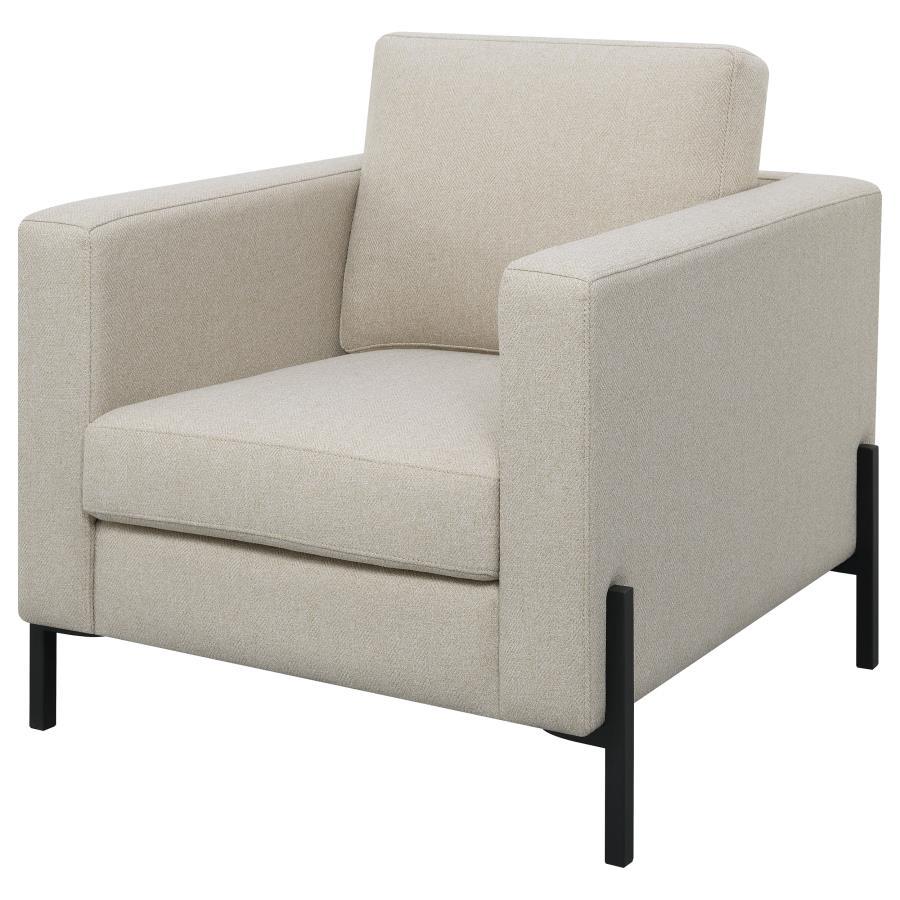 Tilly Oatmeal Upholstered Track Arm Accent Chair with Herringbone Fabric, Modern Stylish Lounge Chair, Elevated Metal Legs, Comfortable and Durable