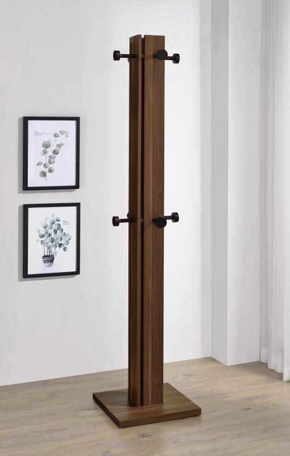 Rikkie Coat Rack and Mirror – Walnut Finish Mid-Century Modern Entryway Organizer with Black Metal Hooks, Wooden Caps, and Functional Wall Mirror