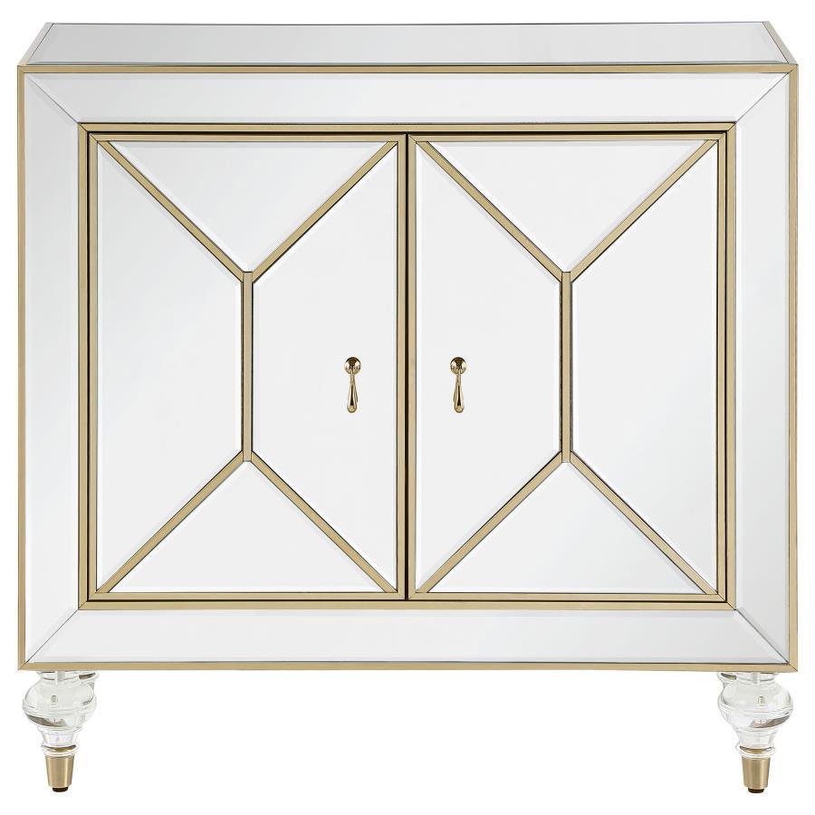 Lupin - 2-Door Mirrored Storage Accent Cabinet - Champagne with Inverted Beveled Doors, Pendant Pulls, Acrylic Feet & Interior Shelves