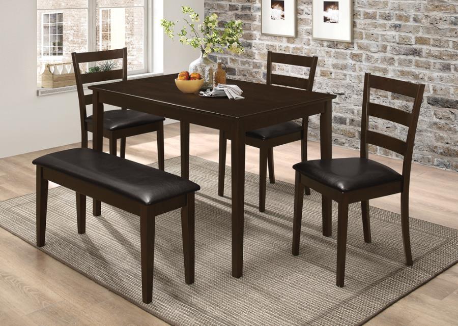 Guillen 5-Piece Rectangular Dining Table Set – Cappuccino Hardwood Table with Leatherette Chairs & Bench for Stylish Family Meals