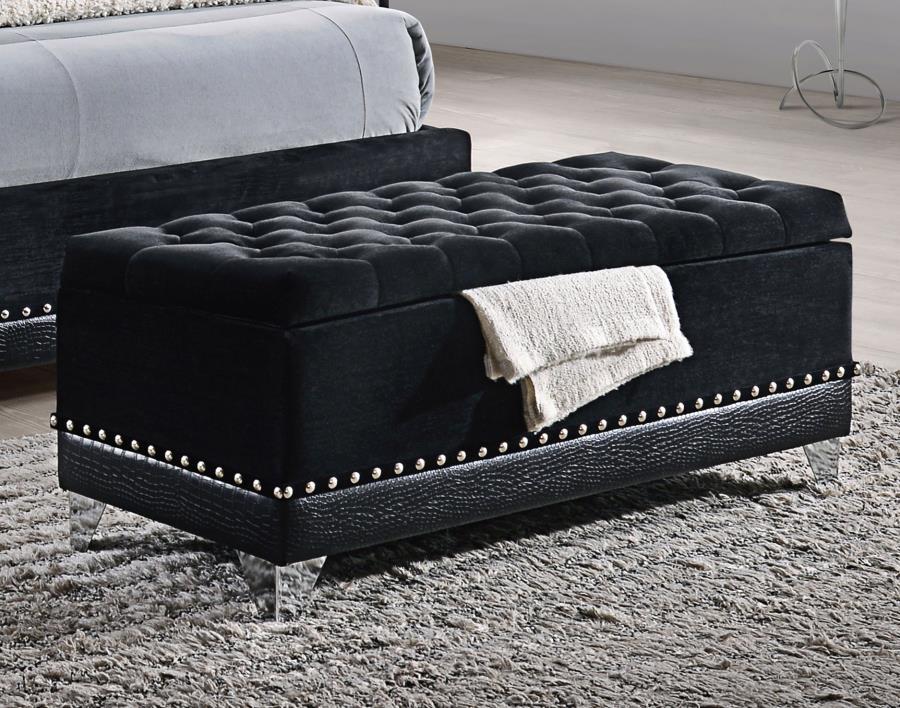 Barzini Velvet Upholstered Tufted Storage Bench – Black, Button-Tufted Top, Silvery Nailhead Trim, Metallic Legs, Stylish Modern Storage Trunk