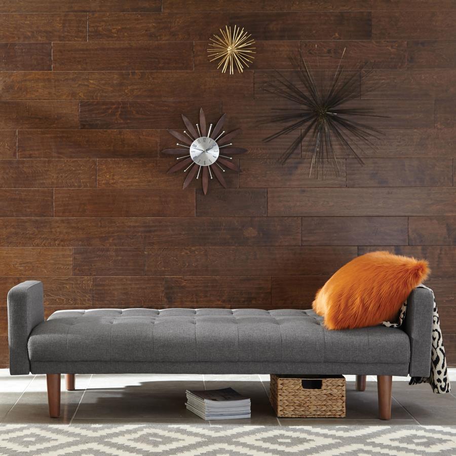 Sommer Upholstered Tufted Convertible Sofa Bed in Gray Woven Fabric with Button Detailing, Hardwood Frame, Solid Legs, High-Density Foam, and Sinuous Springs