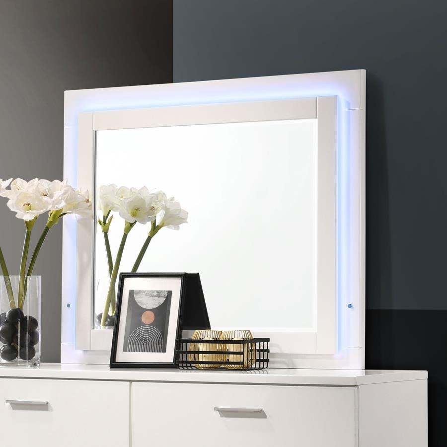Felicity Wood LED Dresser Mirror – White High Gloss Vanity Mirror with Integrated LED Lighting, Touch Switch, Dual Frame, Wide Reflective Surface