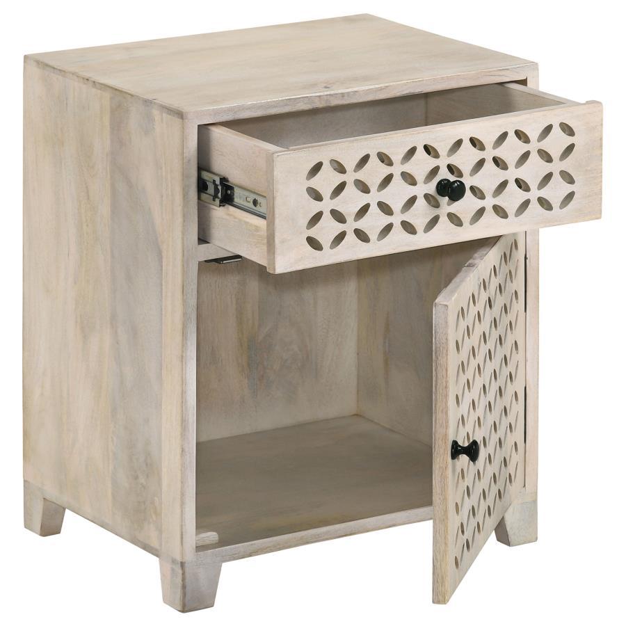 August -August 1-Drawer Trellis Pattern Storage Cabinet – White Washed Solid Mango Wood, Eco-Friendly Accent Table, Diamond Lattice Design, Contemporary Storage 1-Drawer Trellis Pattern Storage Cabinet - White Washed