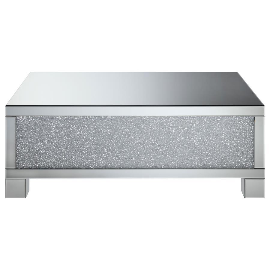 Gillian Rectangular Mirrored Acrylic Coffee Table – Silver with Crystal Accents, Glamorous Modern Design, Engineered Wood Frame