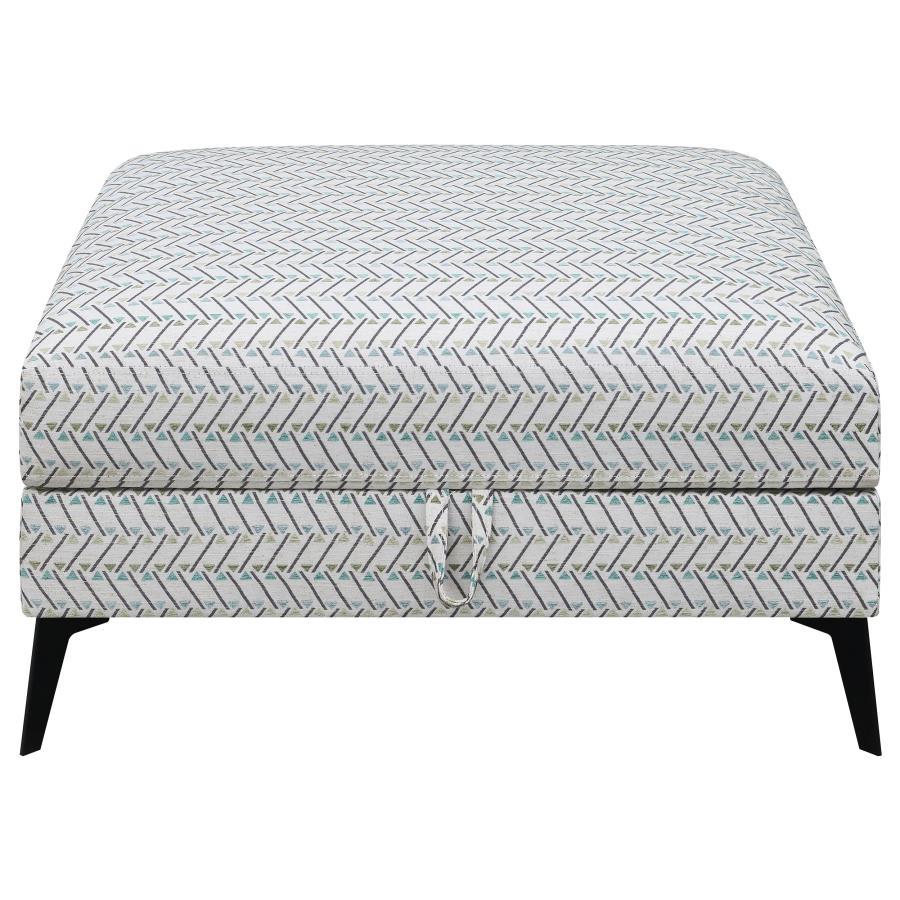 Clint Square Upholstered Tufted Storage Ottoman, Aloe Fabric, Geometric Design, Lift-Top Storage, Black Metal Legs, Modern Living Room Footrest