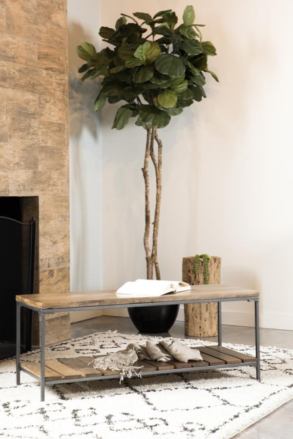 Gerbera Wood Accent Bench with Shelf – Natural Mango Wood Seat and Gunmetal Iron Frame Industrial Style Entryway, Living Room, or Mudroom Seating