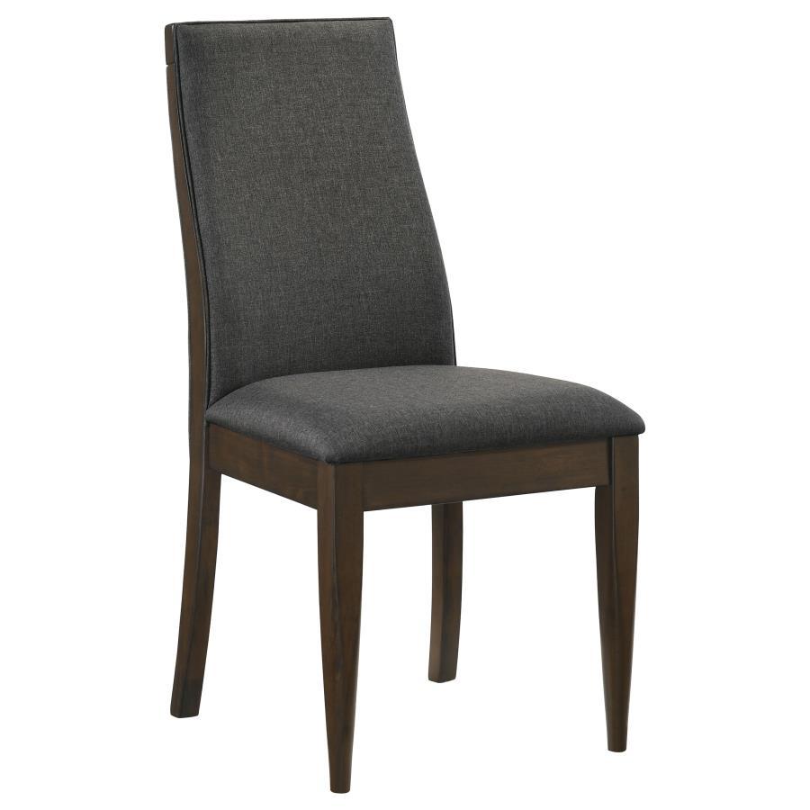 Wes Upholstered Dining Side Chairs – Dark Walnut Finish, Soft Grey Fabric, Sloped Backrest, Tapered Square Legs, Contemporary Set of 2