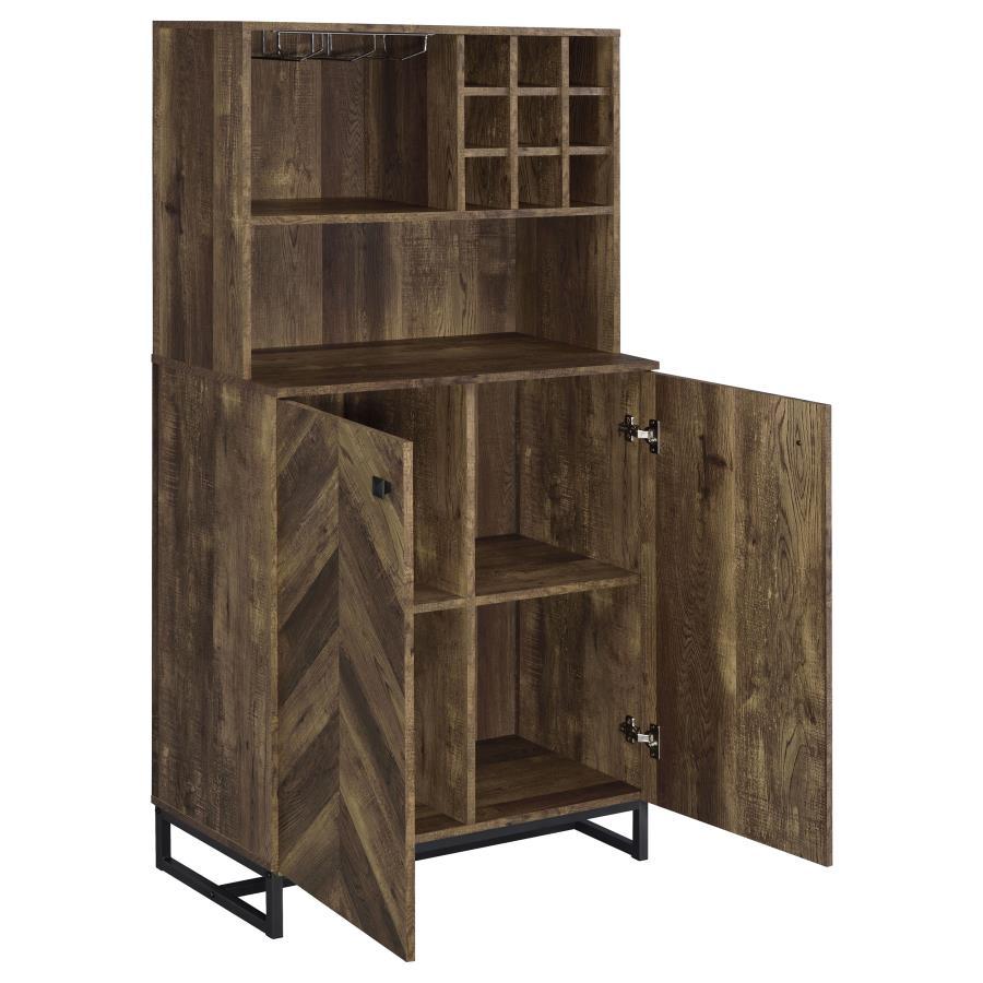 Mendoza 2-Door Home Bar Cabinet Wine Storage - Rustic Oak Finish, Herringbone Design, Stemware & Bottle Storage, Modern Transitional Home Bar