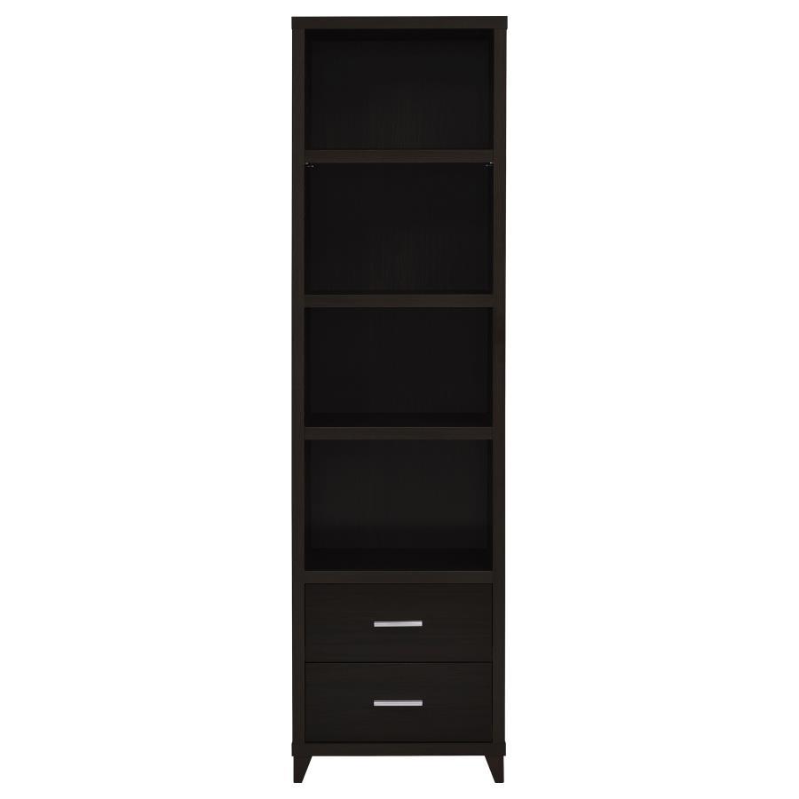 Lewes 4-Shelf Engineered Wood Media Tower – Cappuccino, Adjustable Shelves, Brushed Silver Hardware, Storage Drawers, Modern Living Room Organizer