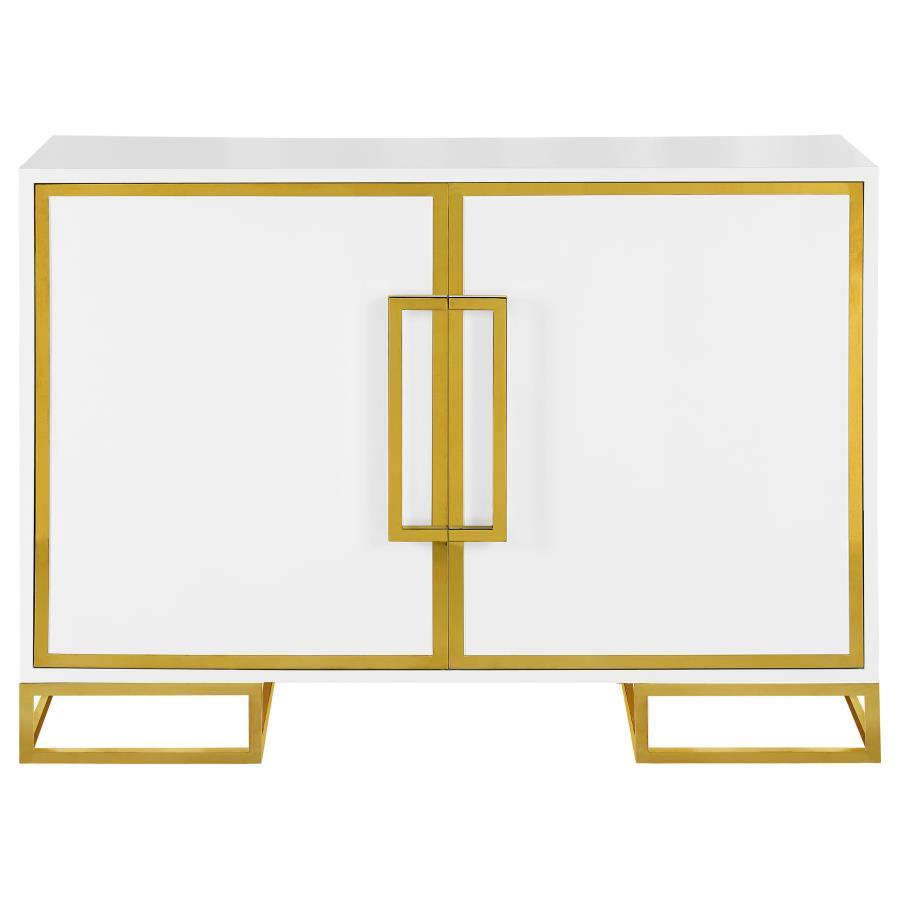 Elsa - 2 Door Wood Storage Accent Cabinet - White and Gold with Glossy Finish, Stainless Steel Trim, Art Deco Geometric Base & Adjustable Shelves