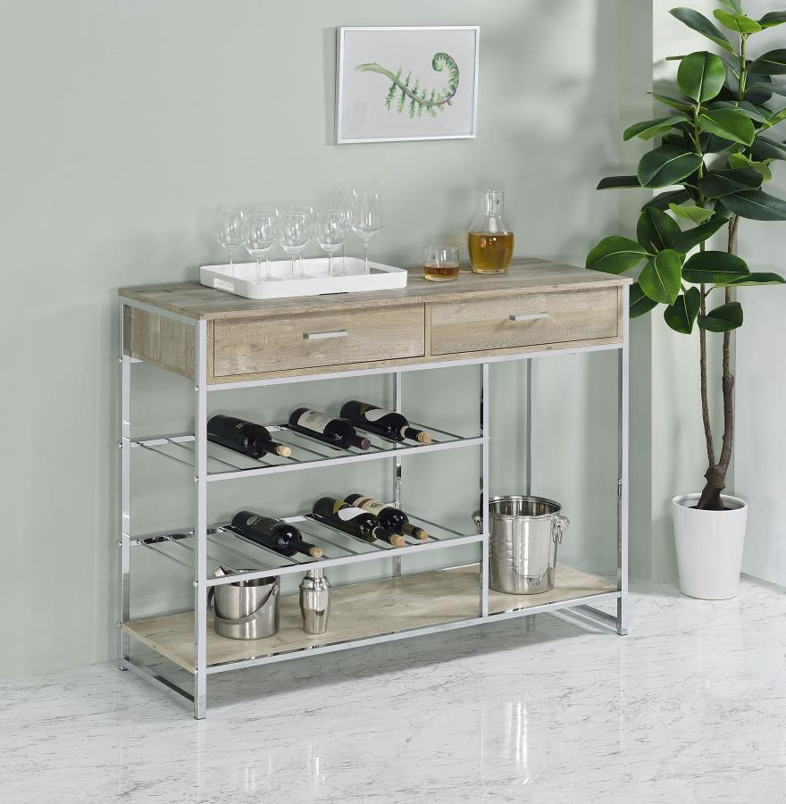 Melrose 2-Drawer Home Bar Storage in Gray – Wine Rack Cabinet with Drawers, Slat Shelves & Minimalist Metal Frame for Organized Entertaining