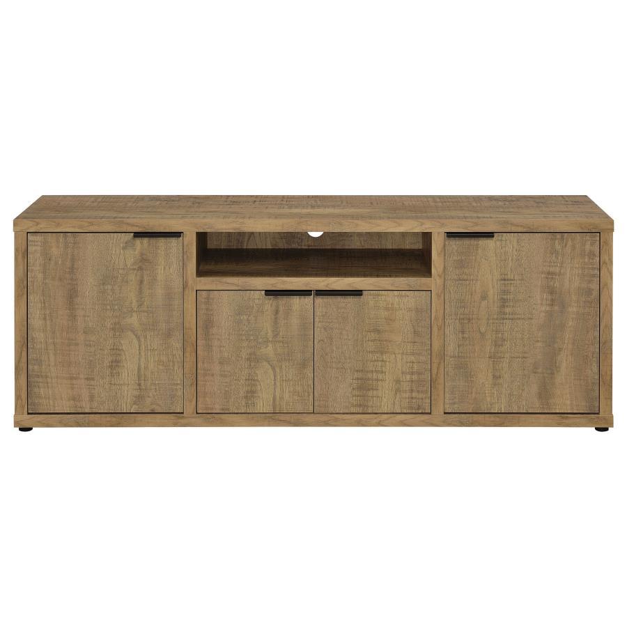 Tabby 3 Piece TV Entertainment Center with 4-Door Mango Finish TV Stand, Dual Media Towers, Adjustable Shelves, and Rustic Modern Storage Design