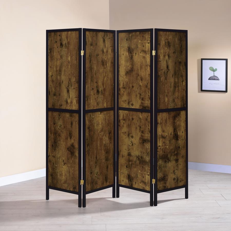Deepika 4-Panel Room Divider Folding Screen – Rustic Nutmeg Wood with Exposed Grain, Metallic Hinges, Adjustable Privacy Partition for Living Spaces