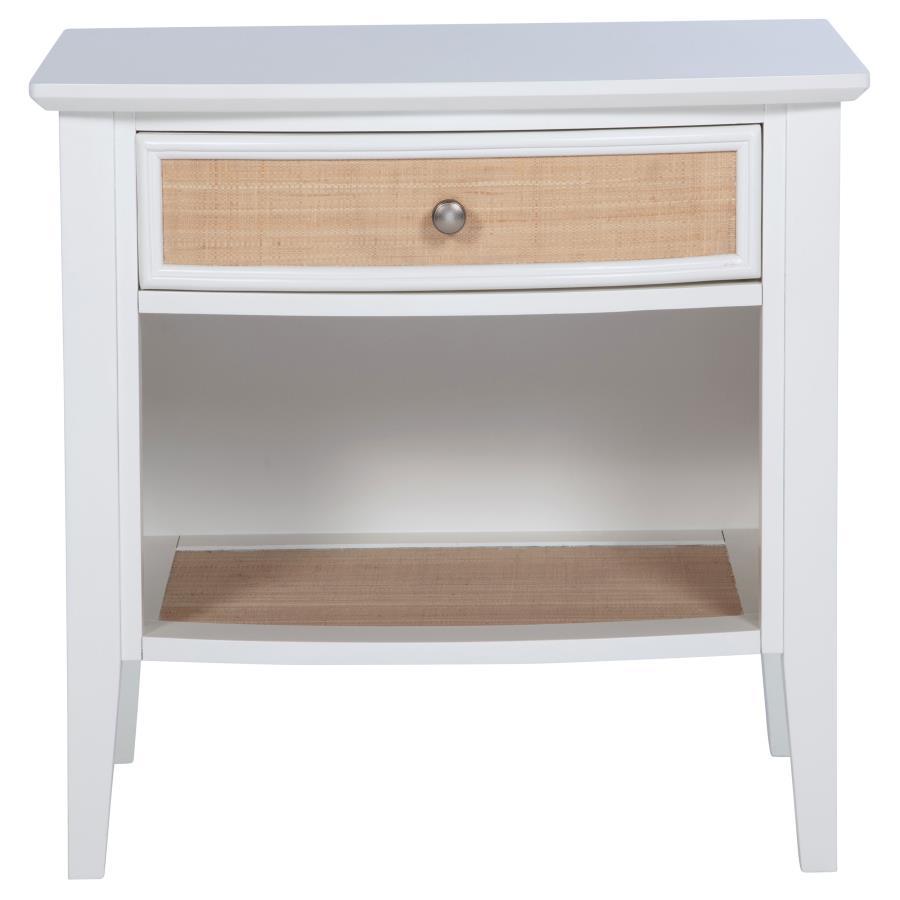 Bexhill 1-Drawer Nightstand Bedside Table – White Finish with Rattan Accents, Felt-Lined Drawer, Modern Coastal Bedroom Storage