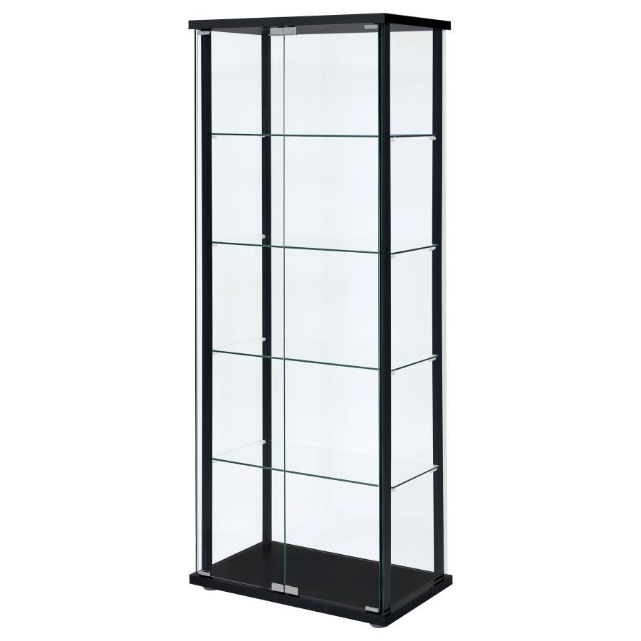 Delphinium 5-Shelf Clear Glass Curio Display Cabinet in Black – Modern Slim Tempered Glass Shelving with Push-to-Open Doors for Elegant Home Display