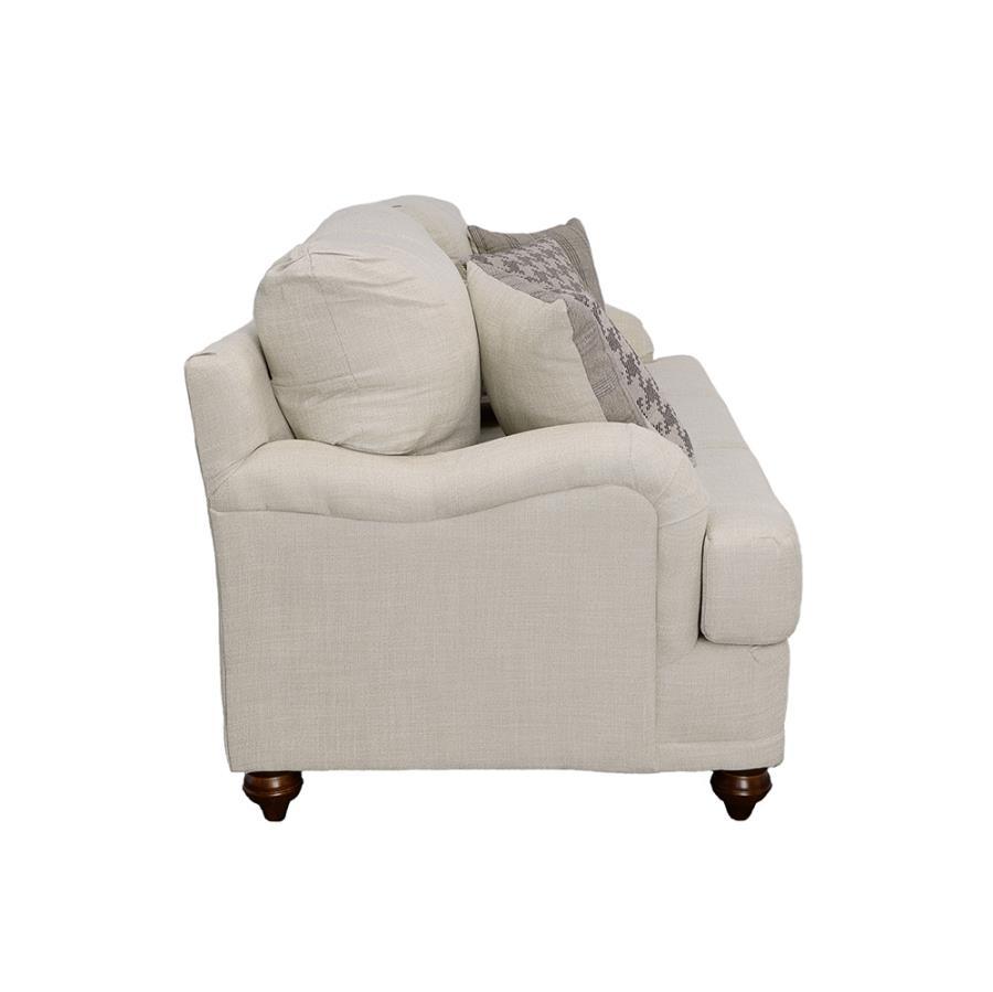 Glenn Modern Farmhouse Upholstered English Arm Sofa with Reversible Cushions, Accent Pillows, Contoured Arms, Bun Legs, Neutral Light Gray Fabric