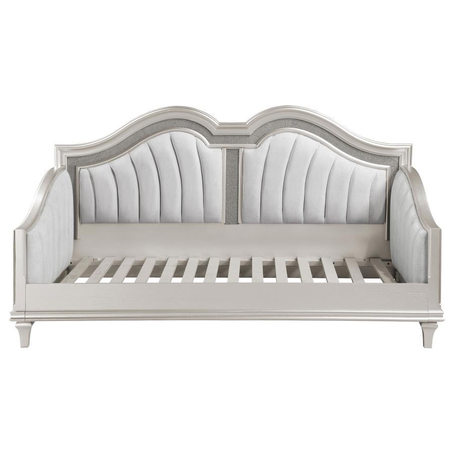 Evangeline Upholstered Twin Daybed – Silver Oak, Elegant Curved Design with Faux Diamond Trim, Guest Bed, Small Space Friendly, Luxurious Style