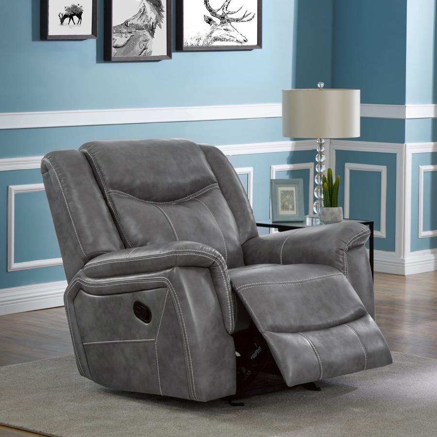 Conrad Upholstered Padded Arm Glider Recliner – Gray Faux Leather, Overstuffed Cushions, Smooth Reclining Motion, Perfect for Living Room or Den