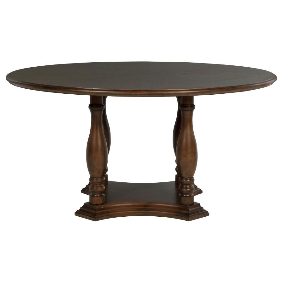 Landon 5 or 7 Piece Round Wood Pedestal Dining Table Set – Rich Brown Finish with Ivory Upholstered Chairs, Traditional Turned Details, Durable Hardwood Construction