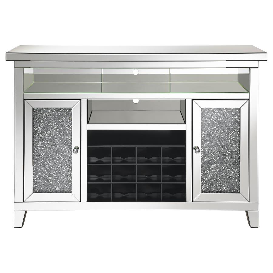 Melinda 2-Door LED Mirrored Wine Storage Bar Cabinet in Silver – Modern Glam Bar Cabinet with 12-Bottle Rack, LED Lighting & Mirrored Design