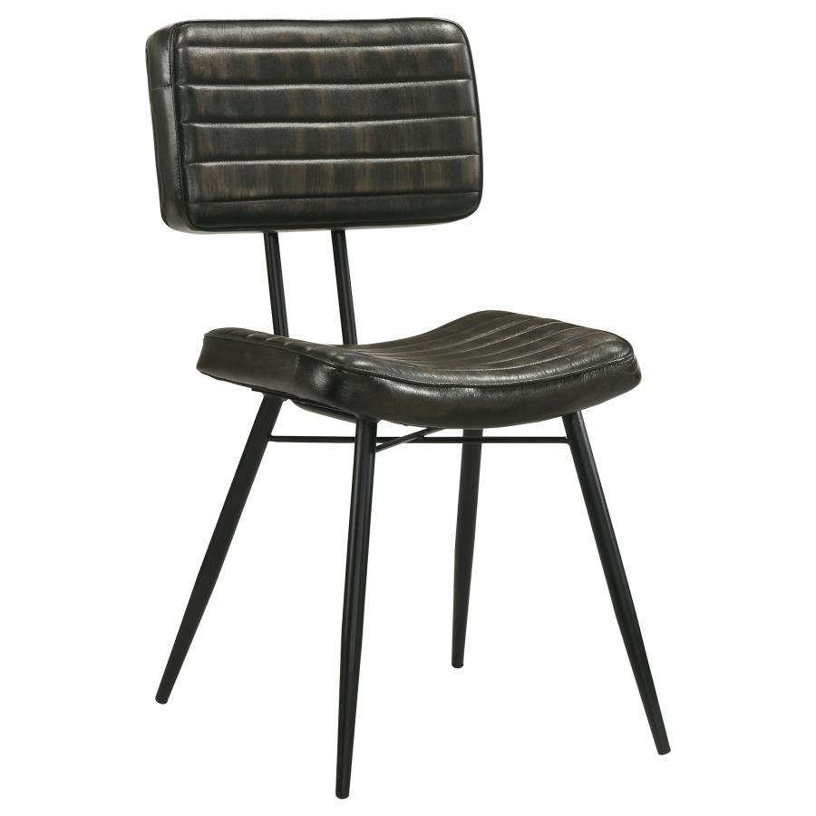 Misty Leather Upholstered Dining Chair Set of 2 - Espresso Goat Leather, Vertical Tufted Back, Padded Seat, Black Metal Legs, Industrial Rustic Style