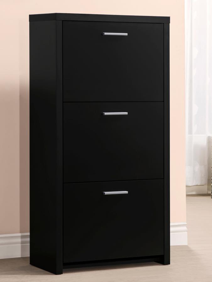 Vivian 3-Drawer Engineered Wood Shoe Cabinet with Flip-Down Compartments, Space-Saving Modern Design, and Black Finish with Chrome Handles