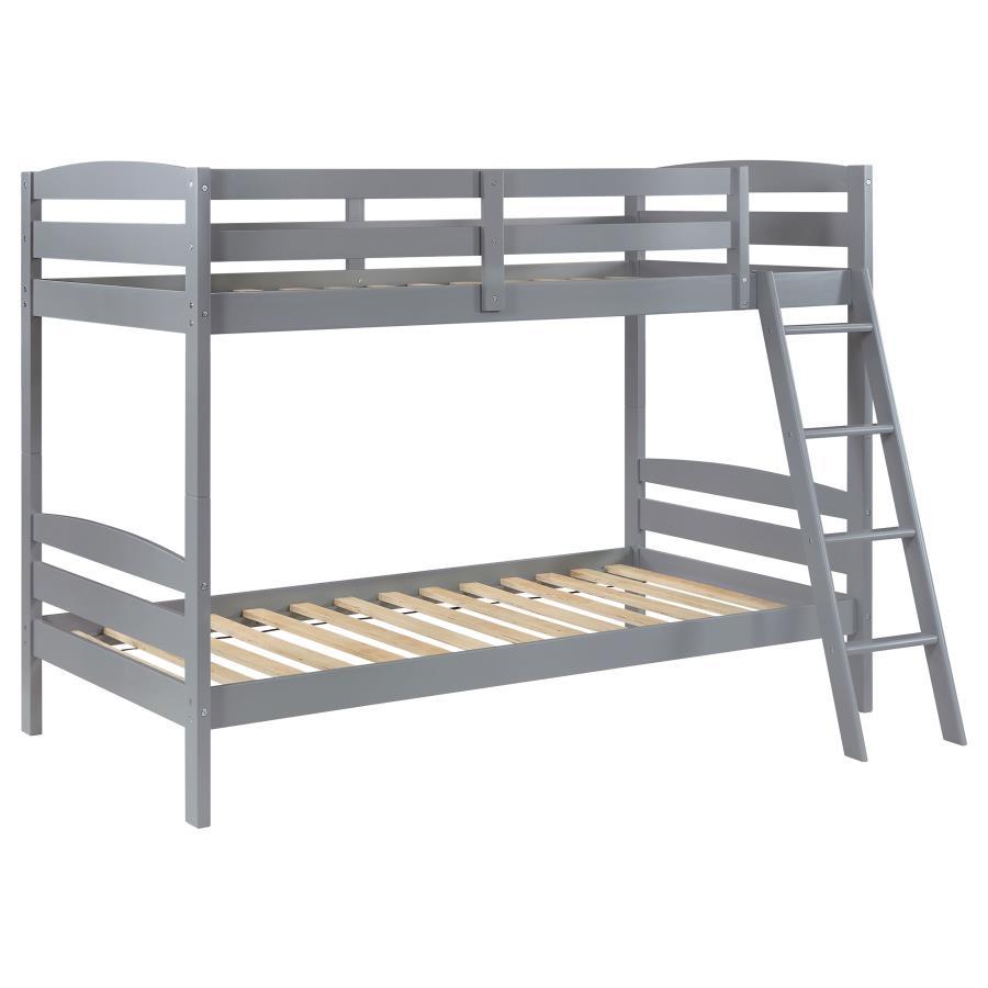 Rhea Wood Twin Over Twin Bunk Bed with Safety Rails, Ladder, Slatted Headboards, Modern Gray Finish, Durable Kids and Guest Room Furniture