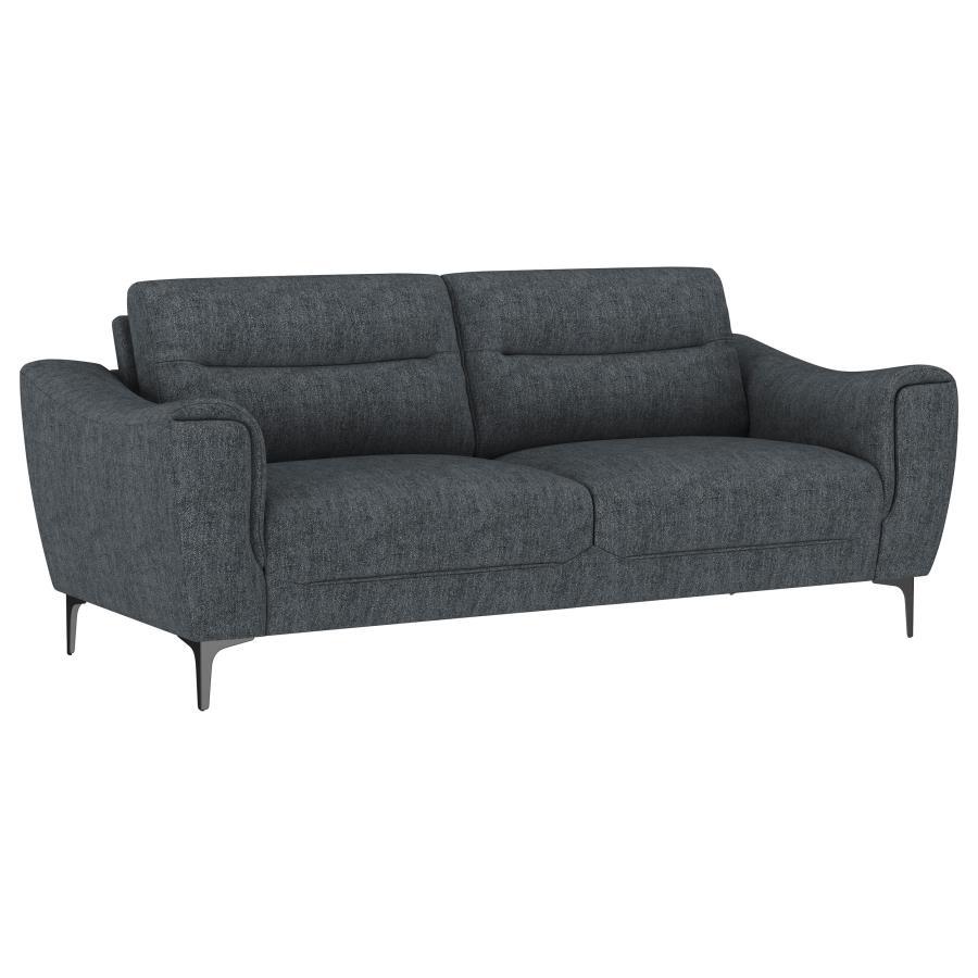 Nolan Upholstered Sloped Track Arm Sofa – Transitional Charcoal Fabric Couch with Plush Pocket Coil Cushions, Attached Seating & Sleek Metal Legs